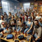DALL·E 2023-11-12 16.14.01 - A photorealistic image of a nerd-themed beer party. The scene shows a group of people, diverse in gender and ethnicity, dressed in nerdy attire, such .png